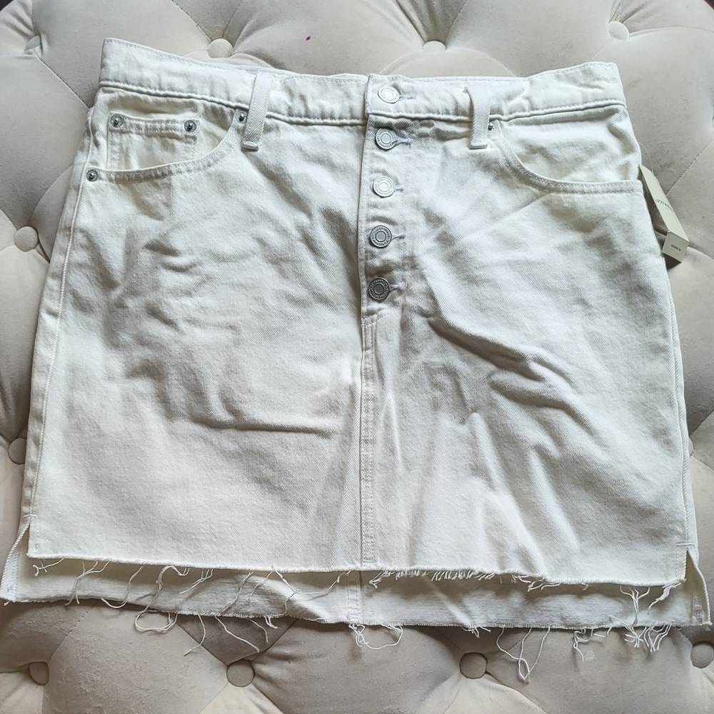 Lucky Brand White Button Fly Cut Off Denim Skirt Mid Rise Mini Sz 30/10 NWT